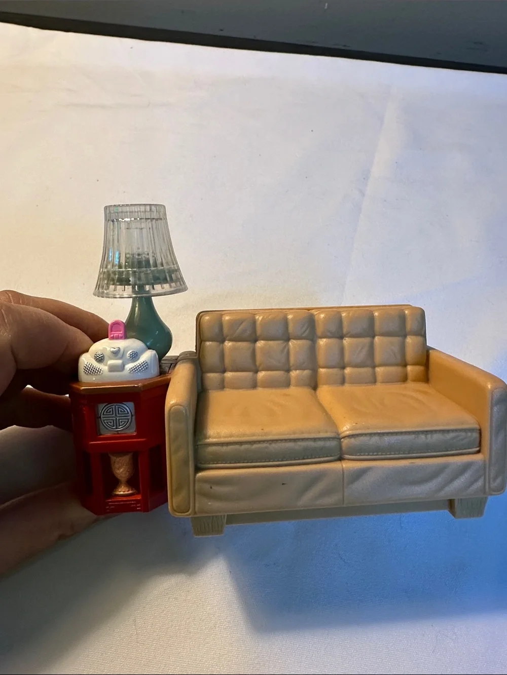 Beige Miniature Sofa and Side Table Set with Lamp